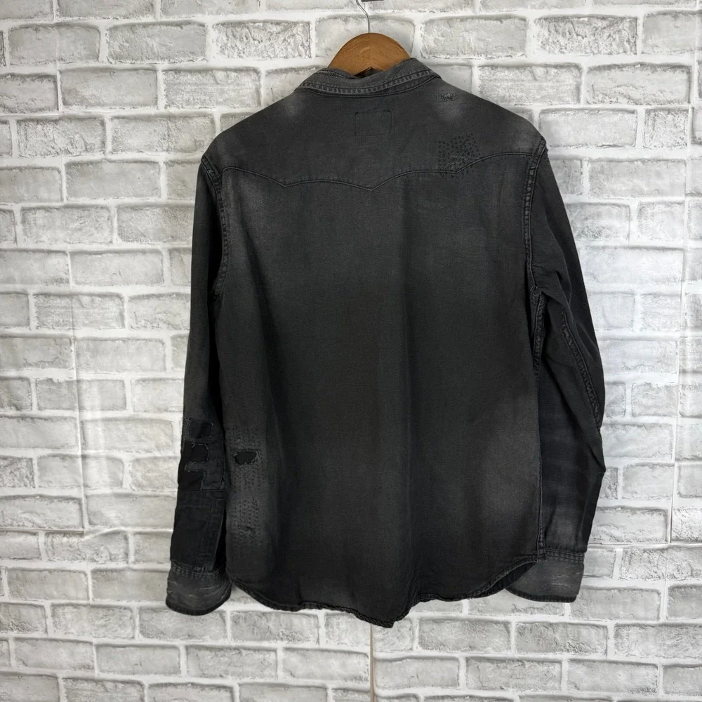 Polo Ralph Lauren Mens Distressed Western Shirt Black Cotton Linen Snap LARGE